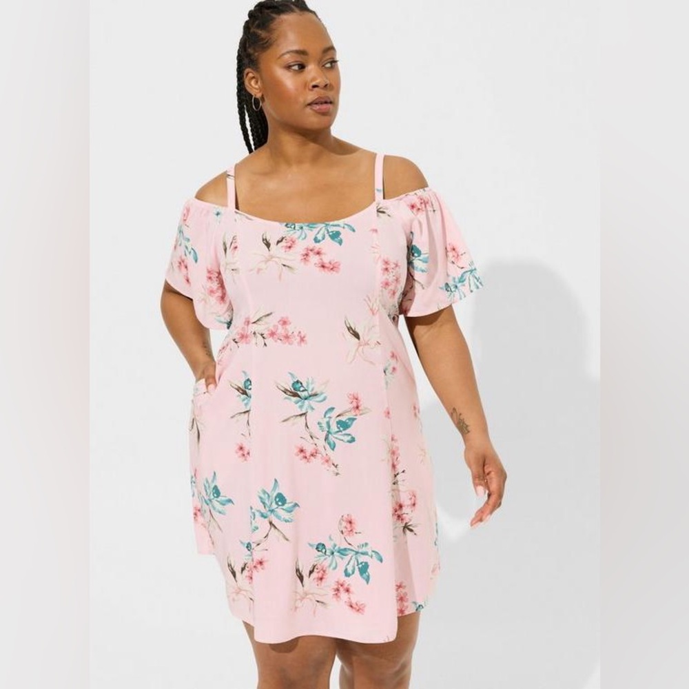 Torrid Mini Challis Cold Shoulder Trapeze Dress 00 pink mini dress